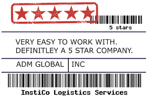InstiCo supply chain testimonial label with five-star review